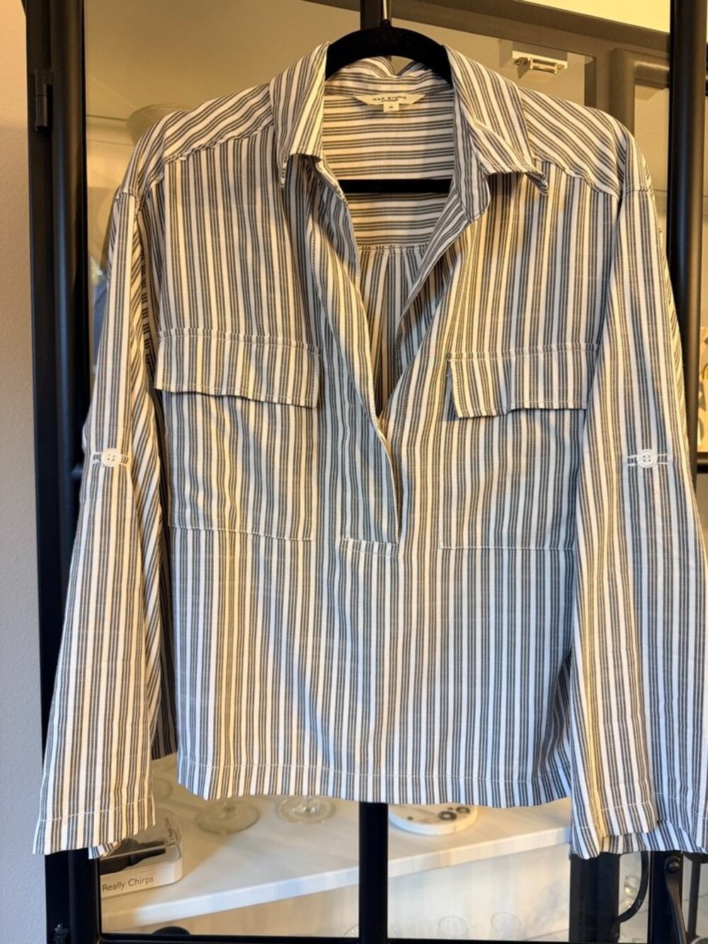 Max Studio London Striped Roll Tab Pullover Blouse Medium
